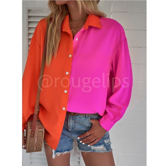 Two Tone Bright Button Down Shirt Hot Pink and Orange Long Sleeve - Picture 2 of 7